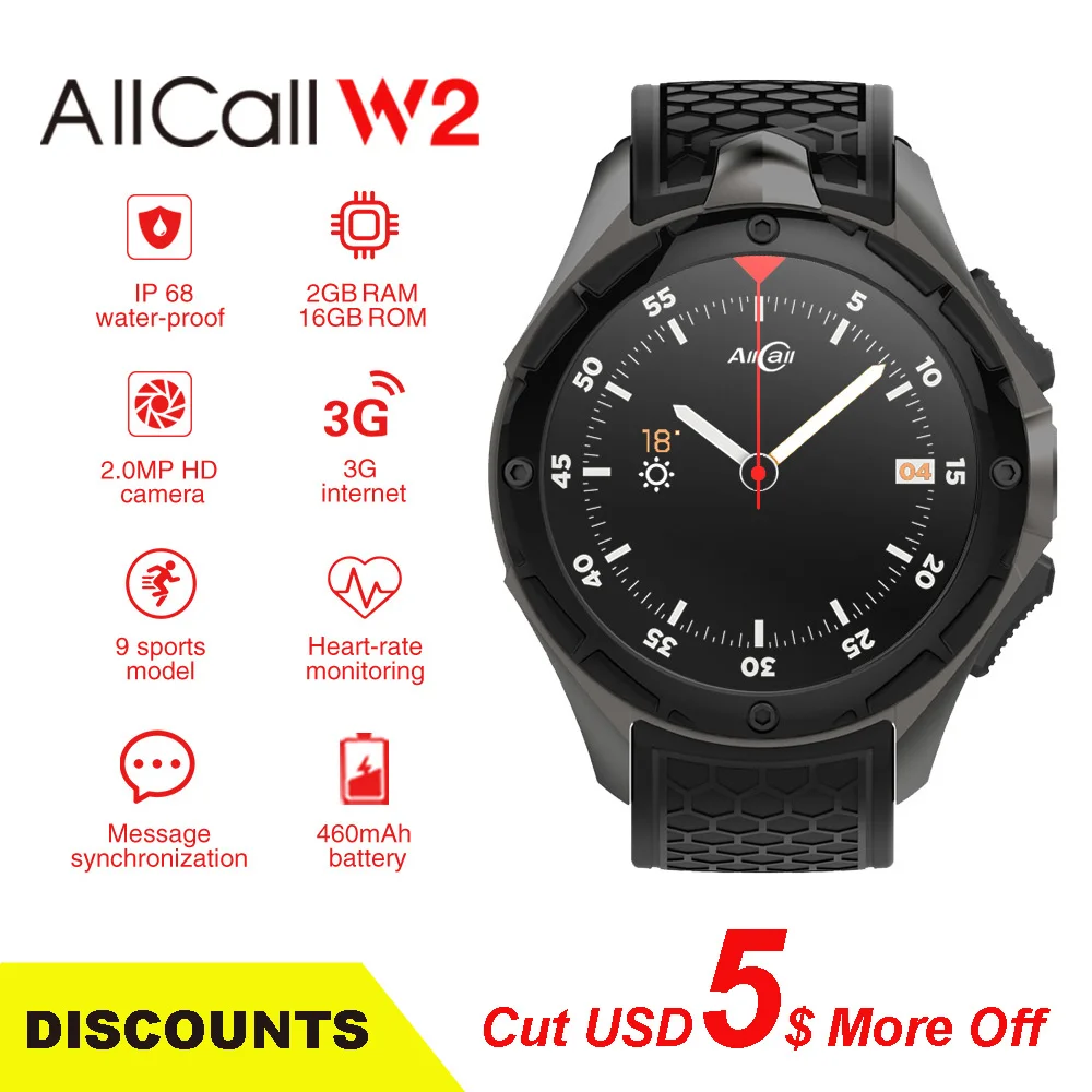 

AllCall W2 3G WCDMA Android 7.0 Quad Core Smart Watch 1.39'' HD Screen 2G 16G Memory GPS Wifi Heart Rate Bluetooth 4.0 Watches.