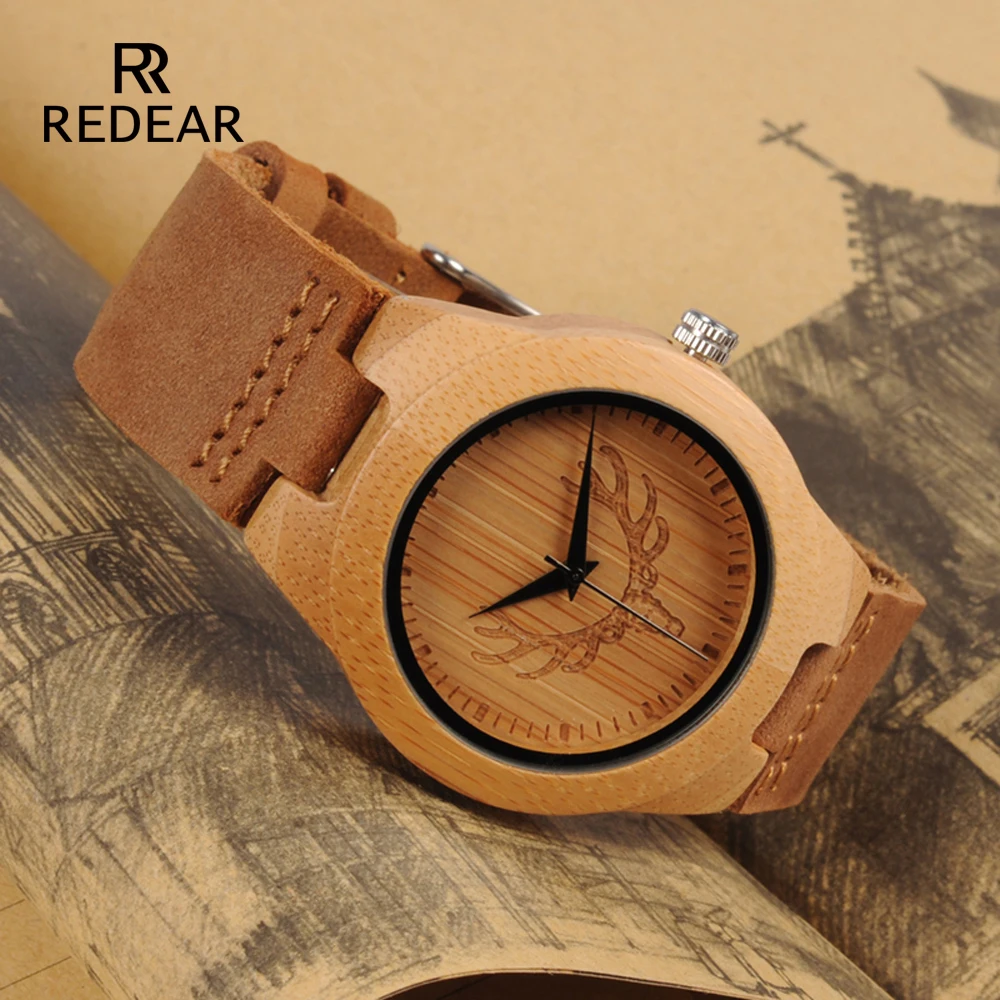 

REDEAR Deer Head Design Buck Bamboo Wooden Gold Watch Luxury Wood Watches With Soft Leather Strap Clock Men Wedding Gifts