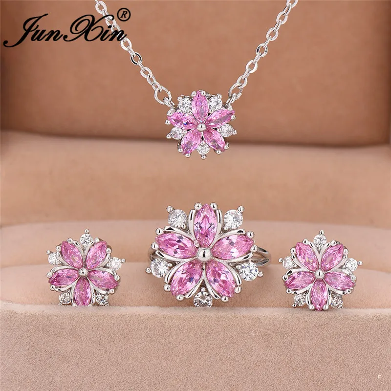 JUNXIN Cute Pink Crystal Snowflake Pendant Ring And Earrings Jewelry Sets Silver Color Flower Stud Earrings For Women Necklaces
JUNXIN Cute Pink Crystal Snowflake Pendant Ring And Earrings Jewelry Sets Silver Color Flower Stud Earrings For Women Necklaces