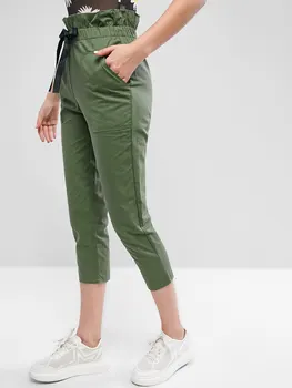 

ZAFUL Women High Waist Pants Knotted Paperbag Pants Female With Pockets Casual Self Tie Pants