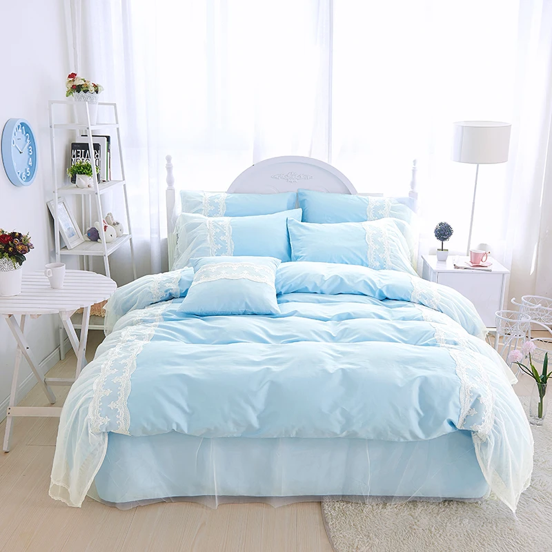 Light blue purple Pink Princess style White Lace 100% Cotton Bedding set Duvet Cover Bed skirt Pillowcases Twin Queen King size
Light blue purple Pink Princess style White Lace 100% Cotton Bedding set Duvet Cover Bed skirt Pillowcases Twin Queen King size