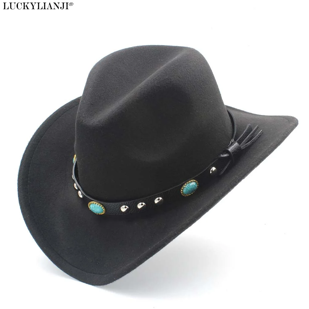 

LUCKYLIANJI Men Women Retro Wool Felt Western Cowboy Hat Wide Brim Cowgirl Kallaite Braid Leather Band (Size:57cm,Adjust Rope)