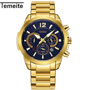 

TEMEITE Golden Quartz Mens Watches Top Brand Luxury Full Steep Strap 3 Sub-dials 6 Hands Calendar Fashion Big Case Wrist Watch