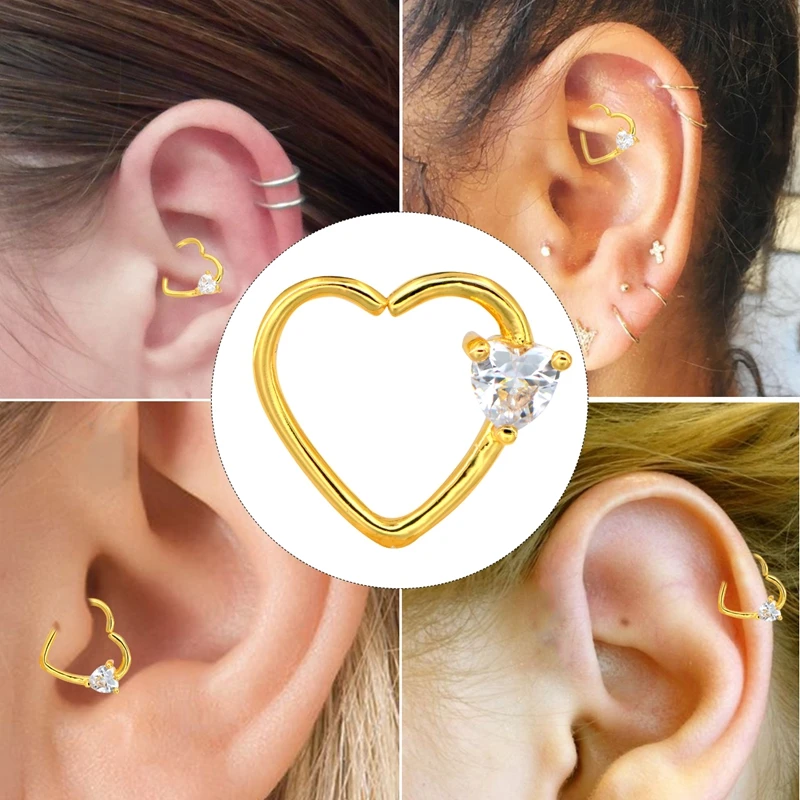  BODY PUNK Jewelry Heart CZ Left Closure Daith Cartilage 16 Gauge Heart Tragus Earrings 5 Colors Micro Circular Barbell Nose  (4)