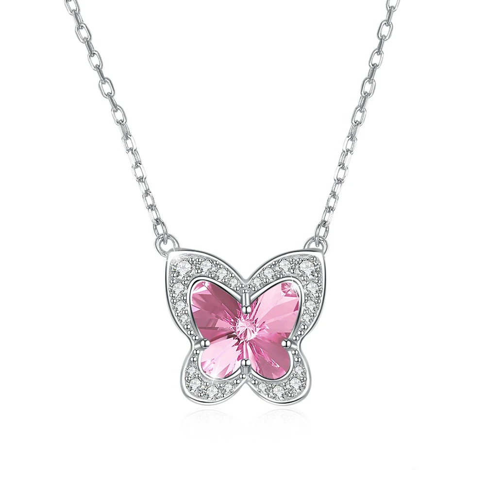 New Arrival 925 Silver Women Necklace Pink and Light Blue Crystal Butterfly Necklace
New Arrival 925 Silver Women Necklace Pink and Light Blue Crystal Butterfly Necklace