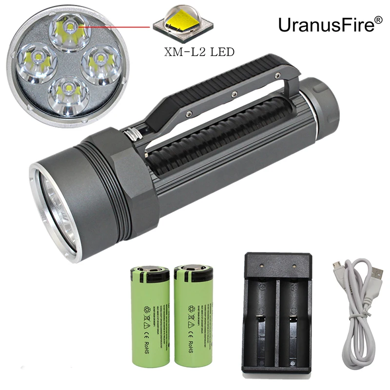 Diving Flashlight Waterproof Torch Light 4*XM-L2 LED Underwater Scuba Lanterna + 26650 Battery USB Charger | Лампы и освещение