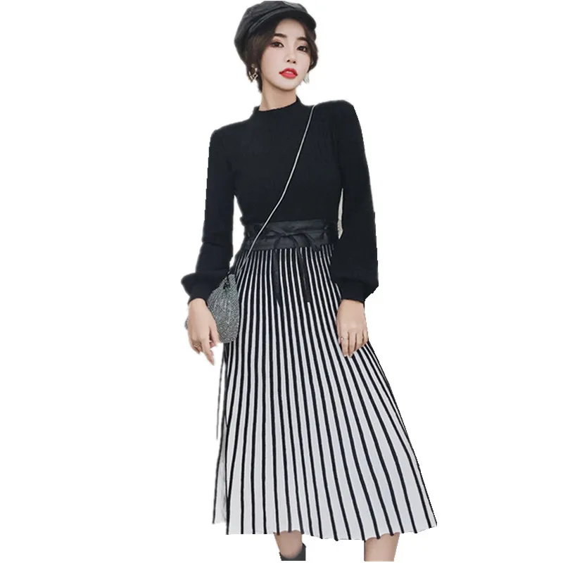 New Women Kntting Stand Collar Pleated Party Dress Fall Winter Black Patchwork Striped Long Sleeve Thicken Warm Sweater Dress
New Women Kntting Stand Collar Pleated Party Dress Fall Winter Black Patchwork Striped Long Sleeve Thicken Warm Sweater Dress