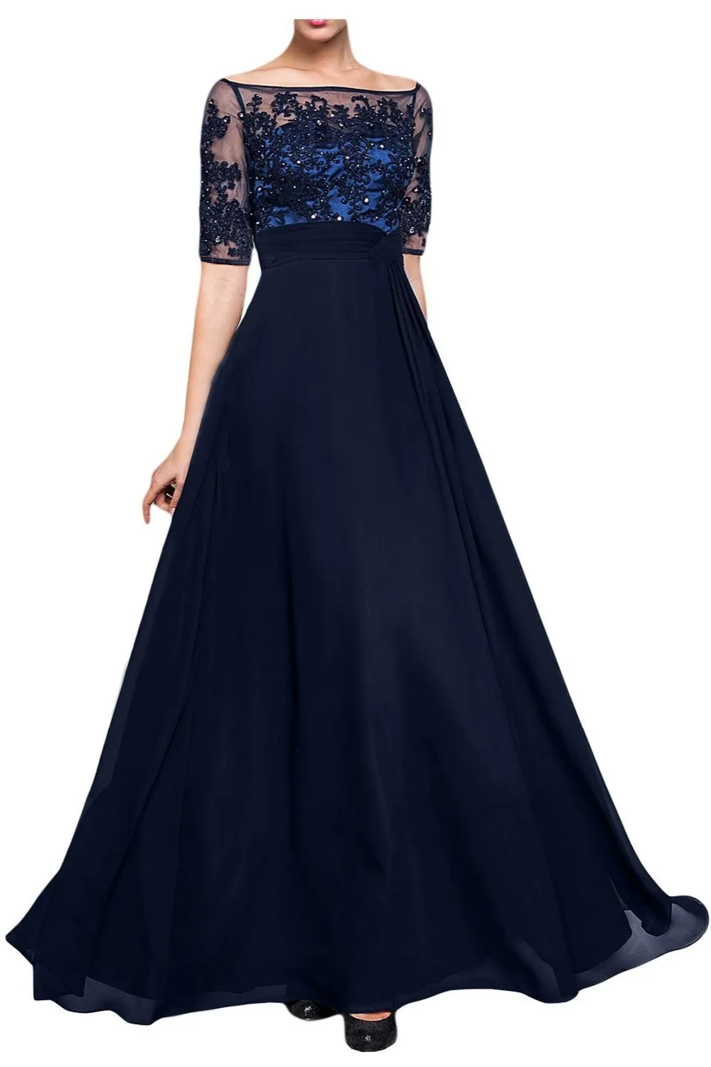

Elegant Women Dresses For Mother Of The Bride And Groom Half Sleeve Navy Blue Long Evening Dress 2016
