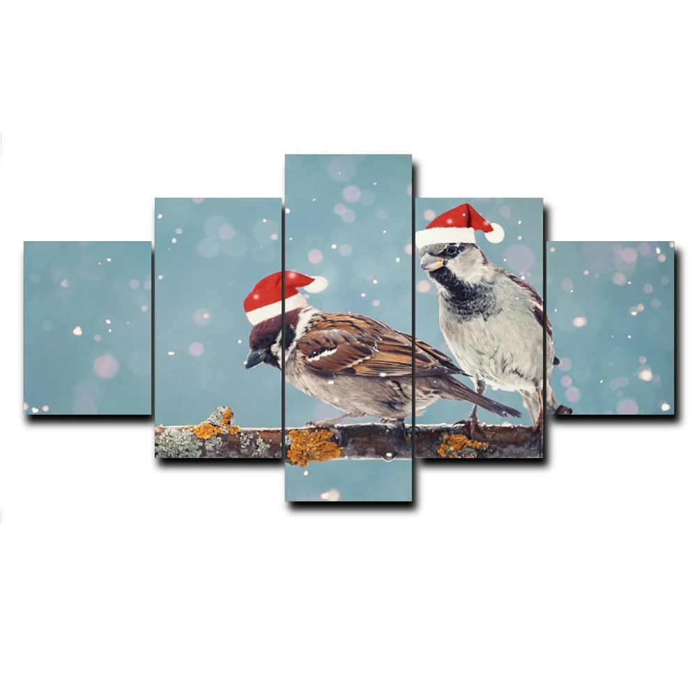 Laeacco Canvas Painting Calligraphy 5 Panel Cartoon Birds Posters and Prints Wall Art Pictures for Living Room Home Decoration | Дом и сад