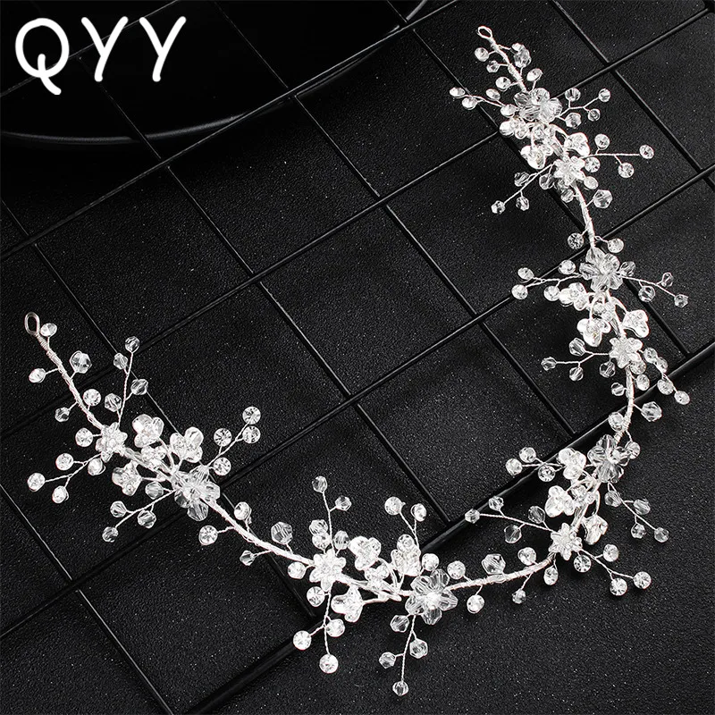 

QYY Fashion White Flower Crystal Vine Wedding Headband Hair Jewelry Handmade Bridal Hair Accessories Headpiece Tiaras For Women