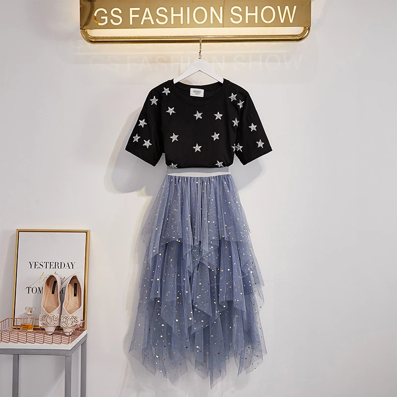 Women Fashion Star Diamonds Cotton T-Shirts + Elastic Waist Star Sequined Irregular Tulle Skirt 2019 Summer Chic Layer Skirt Set
Women Fashion Star Diamonds Cotton T-Shirts + Elastic Waist Star Sequined Irregular Tulle Skirt 2019 Summer Chic Layer Skirt Set