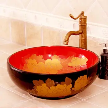 Round red and black with gold peony pattern bathroom Counter Top Wash Basin Cloakroom Hand Painted Vessel Sink bathroom sink
Round red and black with gold peony pattern bathroom Counter Top Wash Basin Cloakroom Hand Painted Vessel Sink bathroom sink