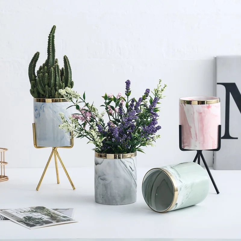 Nordic Multifunctional Flower Vase Ceramic Storage Jar Pencil Holder Marble Pattern Tabletop Green Plant Pot Home Office Decor | Дом и сад