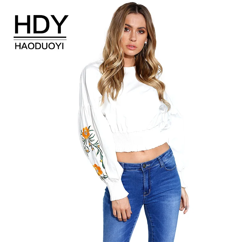 

HDY Haoduoyi Solid White Blouse Women Floral Embroidery Bandage Waist Slim Short Tops Long Puff Sleeve Printed Shirt 2017 Autumn