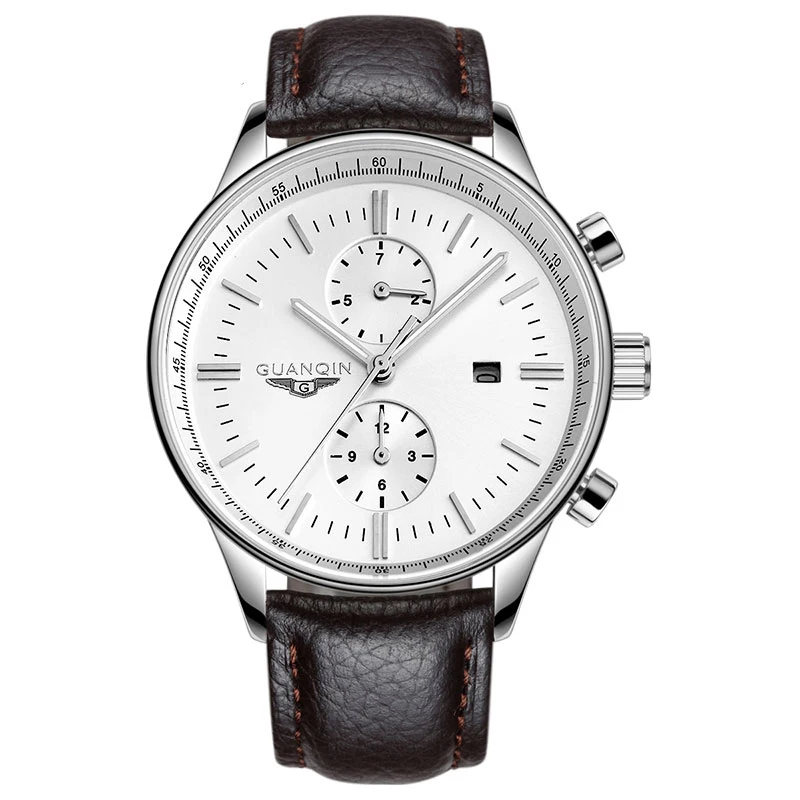 GUANQIN GQ13006 Genuine multifunction Chronograph watch quartz watches luminous men business fashion white Leather strap 
GUANQIN GQ13006 Genuine multifunction Chronograph watch quartz watches luminous men business fashion white Leather strap