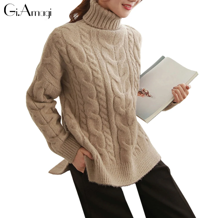 Image Winter Women Sweater Loose Soft Thick Long Sleeve High Neck pull over woolly Cable Knit Sweater Knitted Jumper Sweaters Pullover