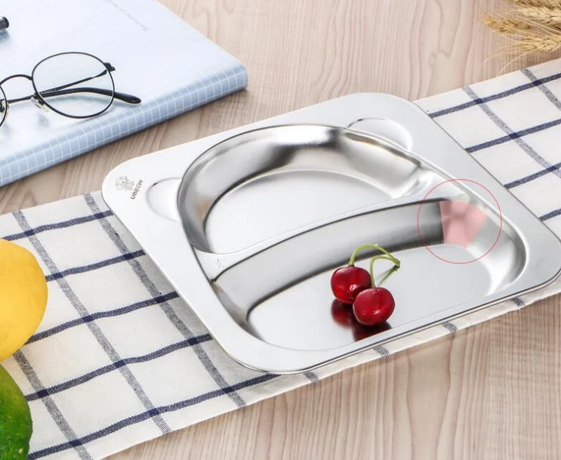 Stainless steel grid snack plate deep thick 2/3 grid students adult canteen tableware metal snack plate Stainless steel grid snack plate deep thick 2/3 grid students adult canteen tableware metal snack plate