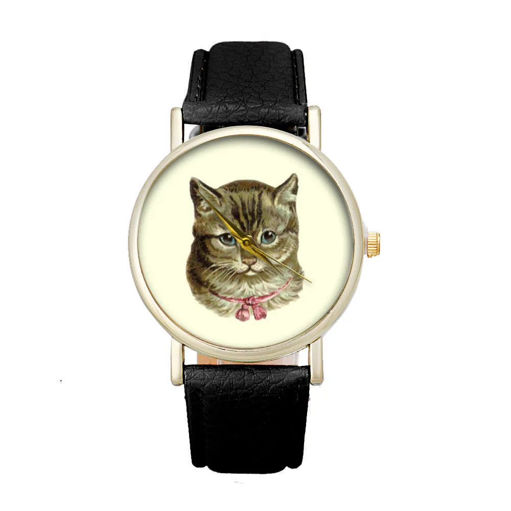 

2018 Women's Leather Watch 1pcs Simple Cat Seal Alloy Dial Leisure Student Geneva Quartz Watch Gift montre a60