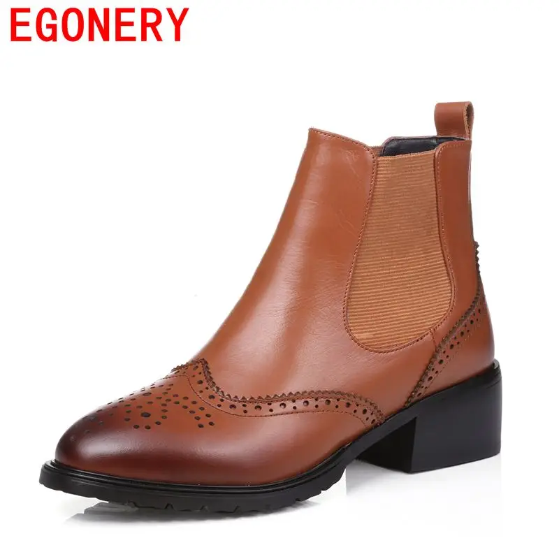 EGONERY shoes 2017 paragraph unique square toe stable square heels slip-on solid color concise retro style lady ankle boots