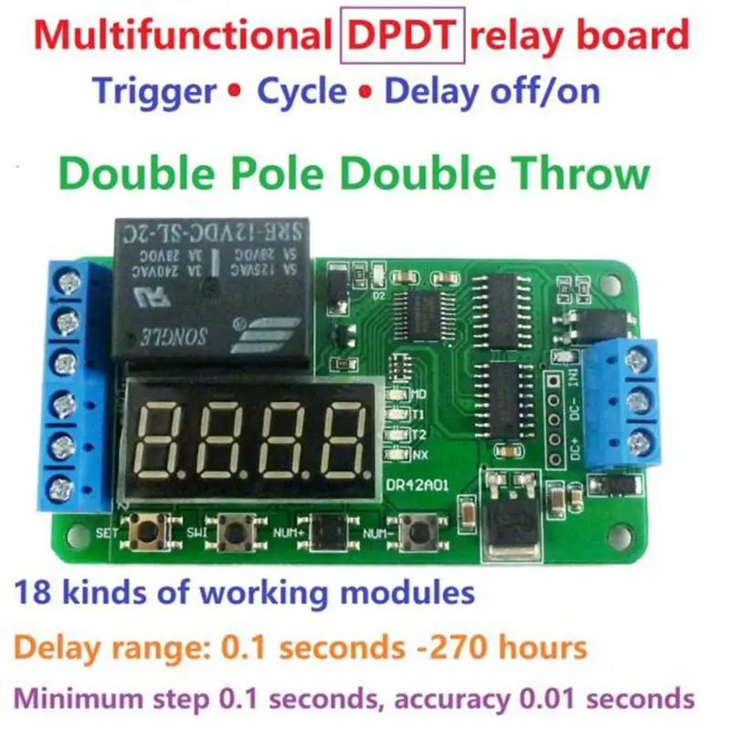 12V Multifunctional DR42A01 Timer DPDT Relay Module Switch Trigger Time Delay Circuit Timer Cycle Delay Time Module
12V Multifunctional DR42A01 Timer DPDT Relay Module Switch Trigger Time Delay Circuit Timer Cycle Delay Time Module