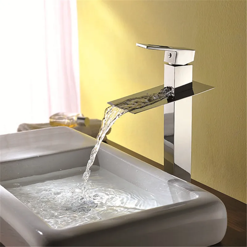 

Polished Chrome Brass Single Lever Waterfall Faucet Bathroom Lavatory Vessel Sink basin mixer tap basin faucet