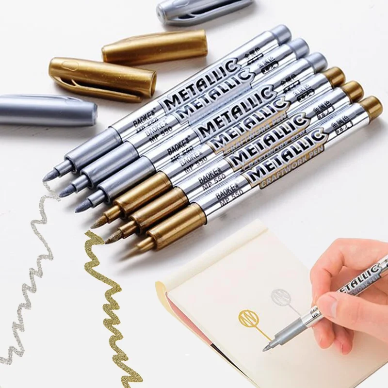 Baoke Metallic Marker Pens DIY Photo Album Sliver Gold Metal Color Paint Markers for Card Making Leather Stone Windows Draw | Канцтовары