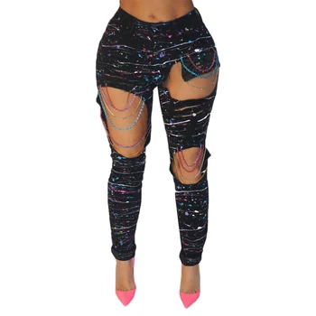 Hi Street Rock Big Hole Black Ripped Skinny Jeans Woman Hip Hop Destroyed Chain Jeans For Women Color Paint Denim Pants Female 
Hi Street Rock Big Hole Black Ripped Skinny Jeans Woman Hip Hop Destroyed Chain Jeans For Women Color Paint Denim Pants Female