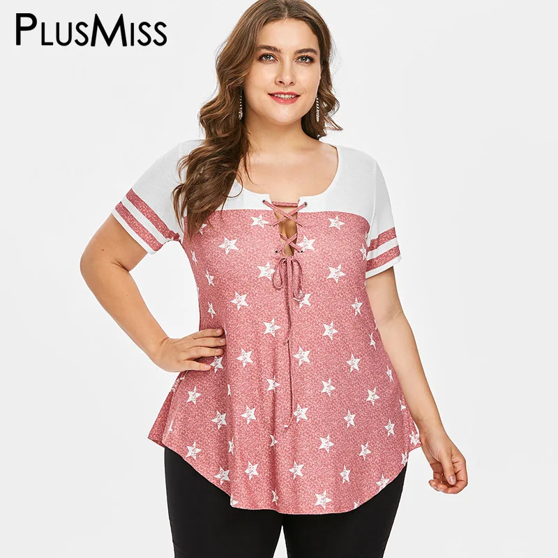 PlusMiss Plus Size 5XL 4XL White Pink Striped Star Print Lace Up T-shirts Women Big Size Short Sleeve T Shirt Female Tops Tees
PlusMiss Plus Size 5XL 4XL White Pink Striped Star Print Lace Up T-shirts Women Big Size Short Sleeve T Shirt Female Tops Tees