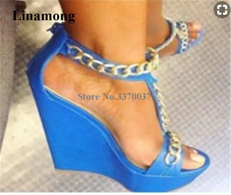 Fashion Women Open Toe T-Strap Gold Chains High Platform Wedge Sandals Ankle Strap Blue Beige Black Height Increasing Sandals
Fashion Women Open Toe T-Strap Gold Chains High Platform Wedge Sandals Ankle Strap Blue Beige Black Height Increasing Sandals