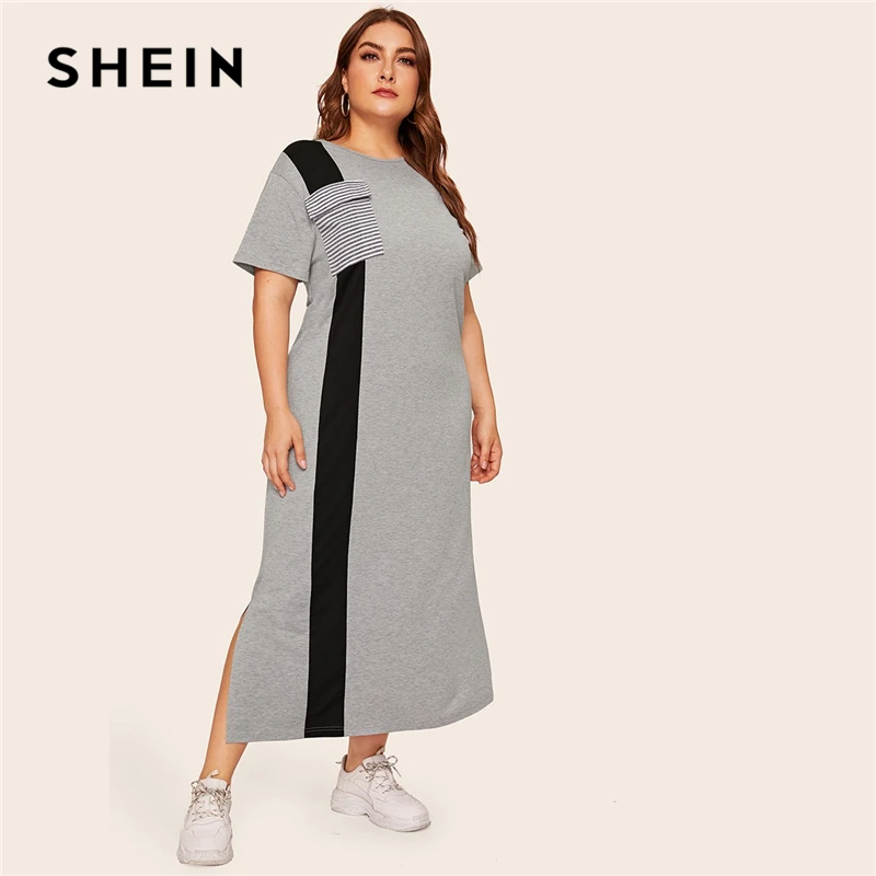 

SHEIN Abaya Plus Size Colorblock Striped Flap Pocket Split Side Long Dress Women Summer 2019 Short Sleeve Tunic Casual Dresses