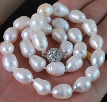 

11-13MM Natural white akoya cultured pearl Fashion necklace Magnet Clasp 18"