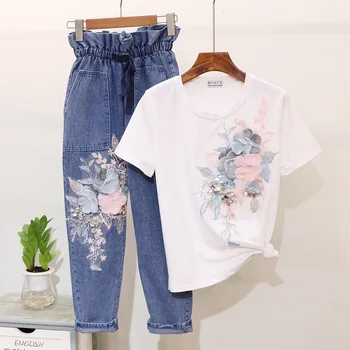 Spring Summer Womens Two Piece Set New Embroidery Sequins Three-dimensional Flower Cotton T-shirt + Elastic Waist Hallen Jeans
Spring Summer Womens Two Piece Set New Embroidery Sequins Three-dimensional Flower Cotton T-shirt + Elastic Waist Hallen Jeans