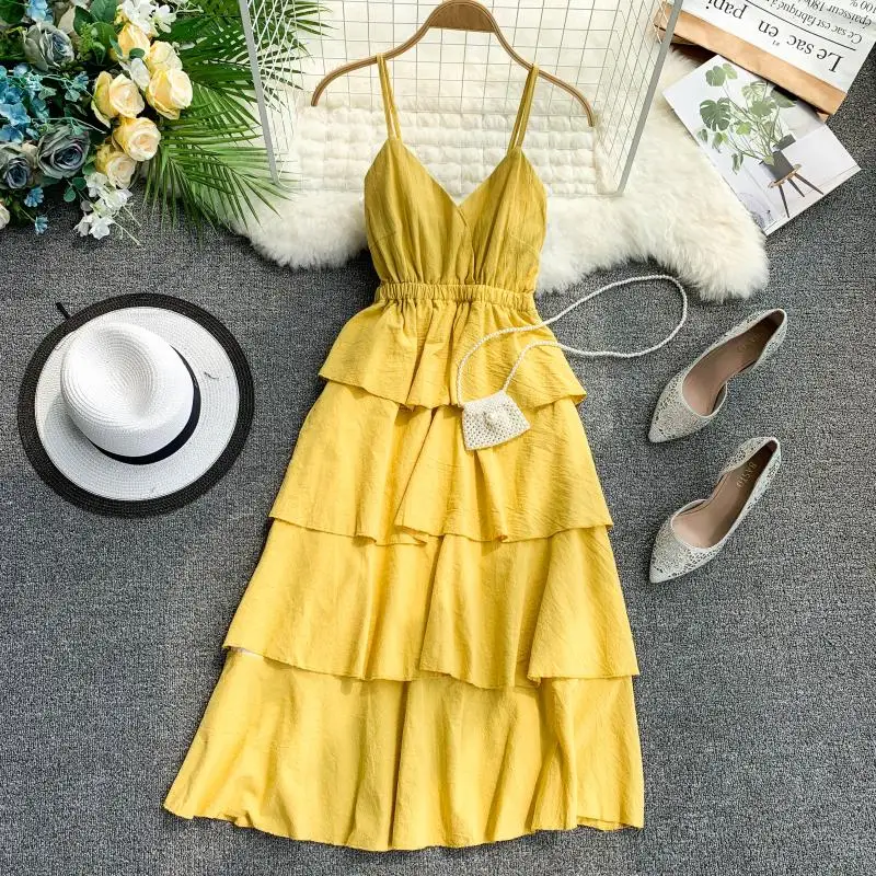 2019 summer new Chic women's Pure Color V-neck sleeveless sling ball gown Dresses female elegant strap ruffles tiered dress
2019 summer new Chic women's Pure Color V-neck sleeveless sling ball gown Dresses female elegant strap ruffles tiered dress