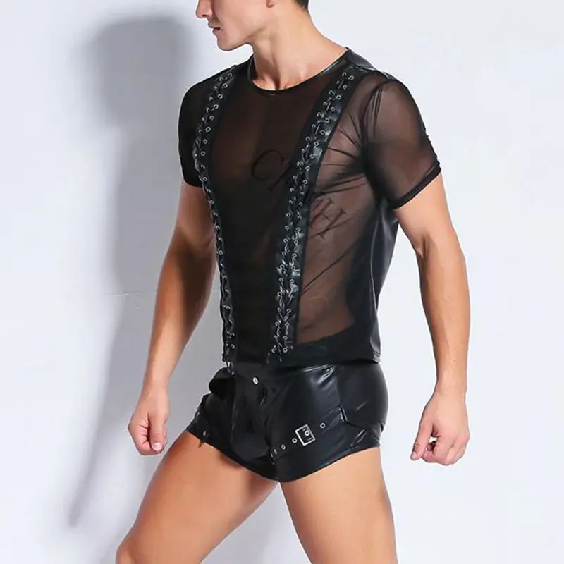 CFYH 2018 Sexy Men Faux Leather Lingerie Top Erotic Gay Wet Look Front Mesh See Through Sexy Mens Nightclub Catsuit Tops T Shirt
CFYH 2018 Sexy Men Faux Leather Lingerie Top Erotic Gay Wet Look Front Mesh See Through Sexy Mens Nightclub Catsuit Tops T Shirt