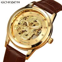 Chinese Dragon Gold Skeleton Automatic Mens Watches Top Brand Luxury Mechanical Male Wrist Watches With Leather Strap Luminous image