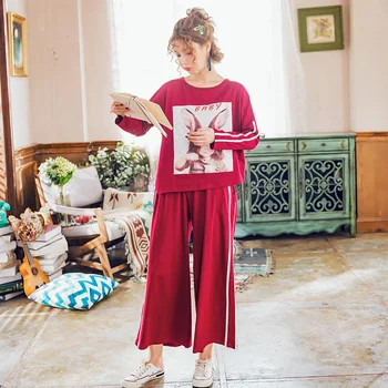 Fashion Wide Leg Pants + Round Neck Tops 2pcs/set Pajamas Set Women 100% Cotton Spring Autumn Plus Size M-XXXLHomewear Clothing
Fashion Wide Leg Pants + Round Neck Tops 2pcs/set Pajamas Set Women 100% Cotton Spring Autumn Plus Size M-XXXLHomewear Clothing