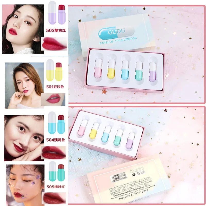 

5pcs Capsule Small Lipstick Set Colors Soft Cream Lip Stick Moisturizer Long Lasting Makeup Waterproof NonStick Cup lipstick Kit