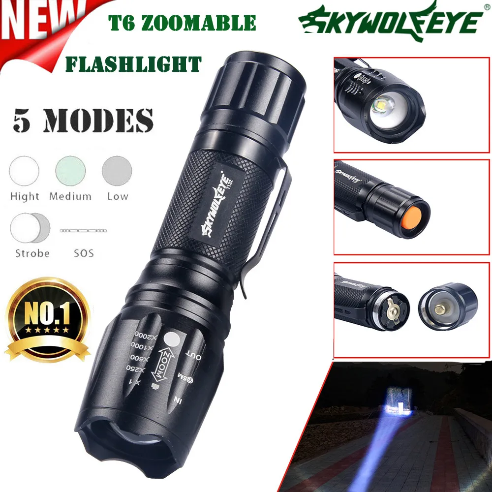 Ultra Bright SkyWolfEye Aluminum Flashlight XML-T6 5Modes Zoomable Flashlight variable focus Waterproof Outdoor Bike Light
Ultra Bright SkyWolfEye Aluminum Flashlight XML-T6 5Modes Zoomable Flashlight variable focus Waterproof Outdoor Bike Light