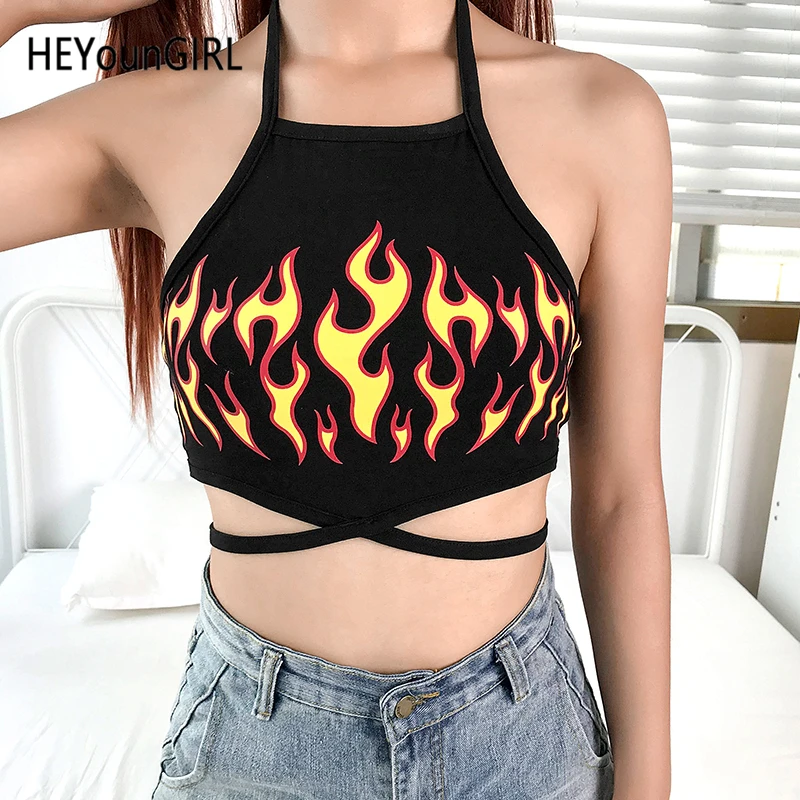 HEYounGIRL Fire Print Cross Bandage Crop Top Sexy Halter Backless Black Tank Tops Tees Shirt Sleeveless Harajuku Vest Top Summer
HEYounGIRL Fire Print Cross Bandage Crop Top Sexy Halter Backless Black Tank Tops Tees Shirt Sleeveless Harajuku Vest Top Summer