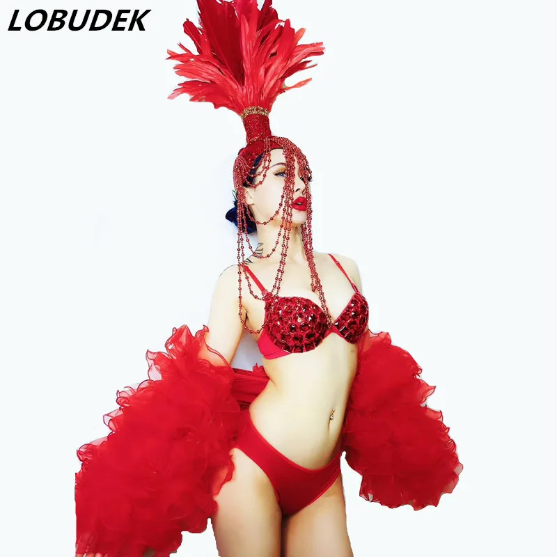 Red Beading Feathers Headgear Rhinestones Bikini Shawl Dance Outfits Female DJ Singer Models Catwalk Party Show Stage Costume
Red Beading Feathers Headgear Rhinestones Bikini Shawl Dance Outfits Female DJ Singer Models Catwalk Party Show Stage Costume