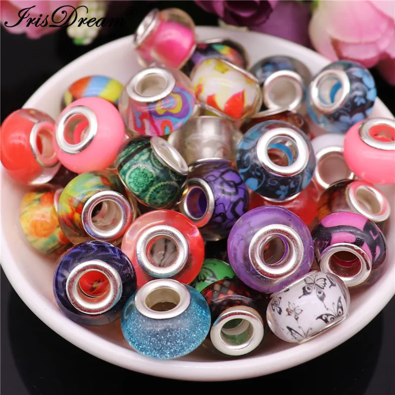 

50pcs Lot Mixed Color Big Hole Spacer Murano Resin Beads Fit European DIY Jewelry Pandora Bracelet Chain Bangle Making Necklace