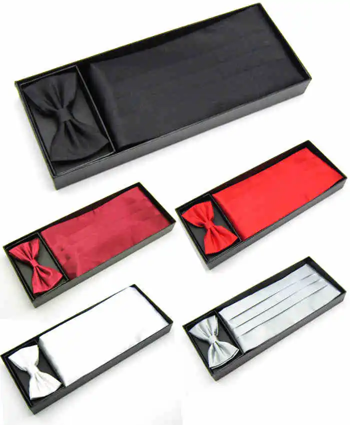 Image Free shipping 2015 NEW  Mens Wedding Tuxedo Bow tie Cummerbund Hanky Pocket Towel Gift Box Set Black Red White Solid Color black