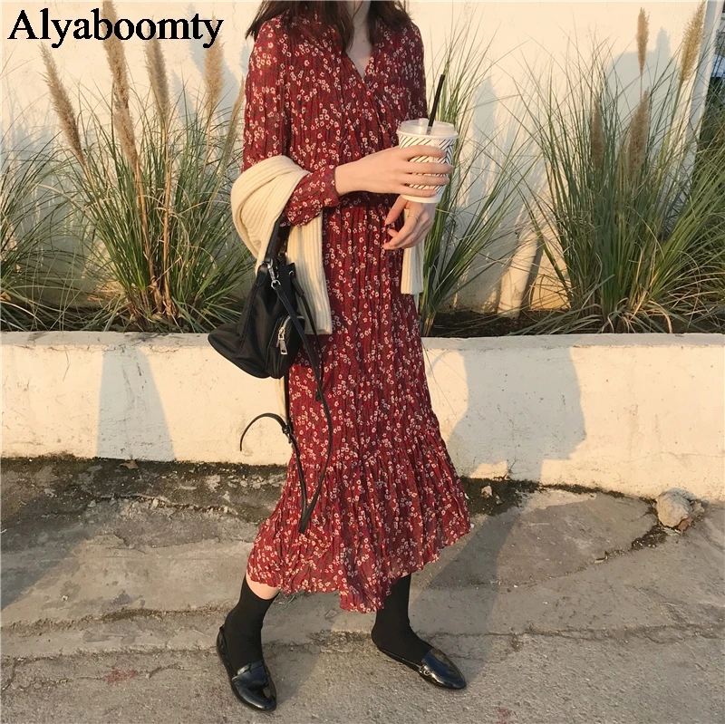 Spring Korean Chic Long Dress V Neck Floral Print Red Elastic-Waisted Femininos Vestidos Elegant Chiffon Pleated Ruffles Dresses
Spring Korean Chic Long Dress V Neck Floral Print Red Elastic-Waisted Femininos Vestidos Elegant Chiffon Pleated Ruffles Dresses