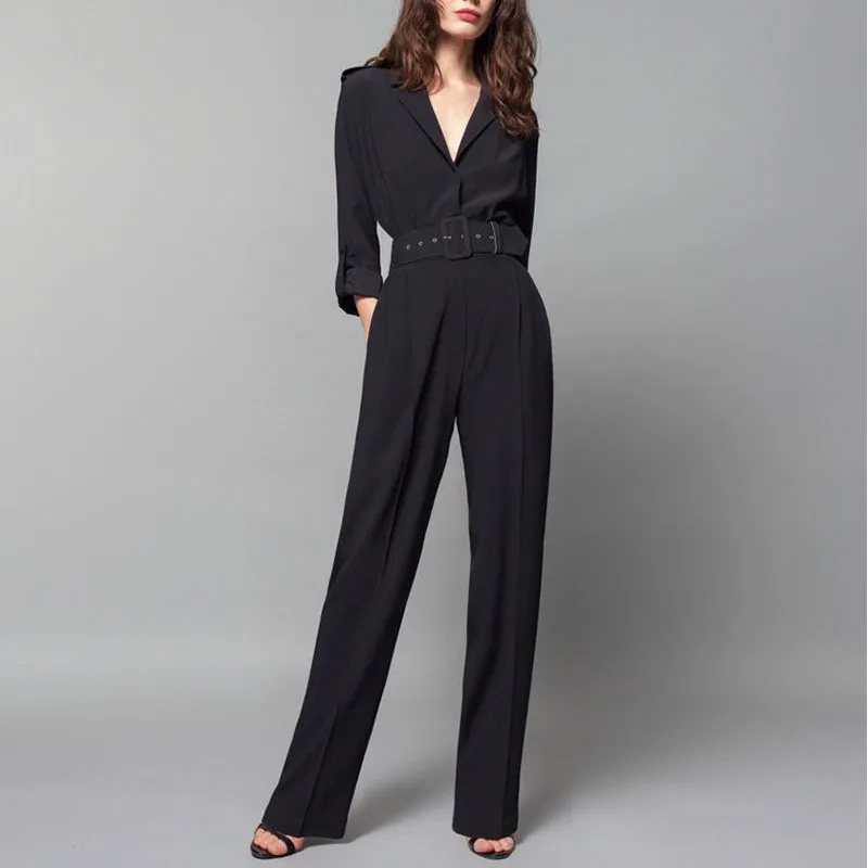 2019 Runway Designing European American Elegant Women OL Formal Black Jumpsuits Slim Business Lady Quality | Женская одежда