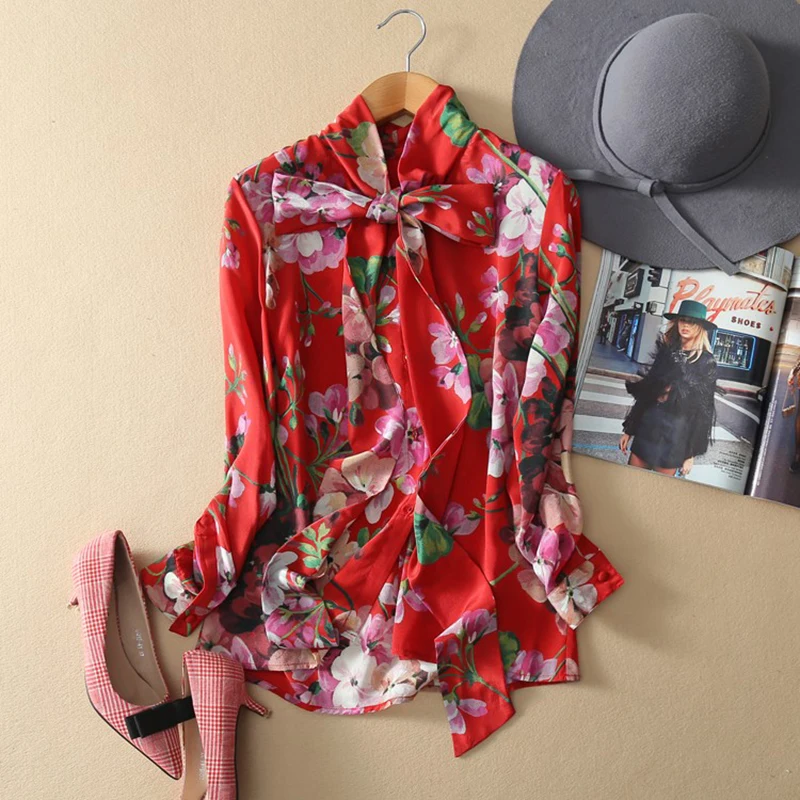 Image High Qulity 2017 Print Shirt Women s Long sleeve Casual Blouse Silk Blouse Slim Fashion Tops