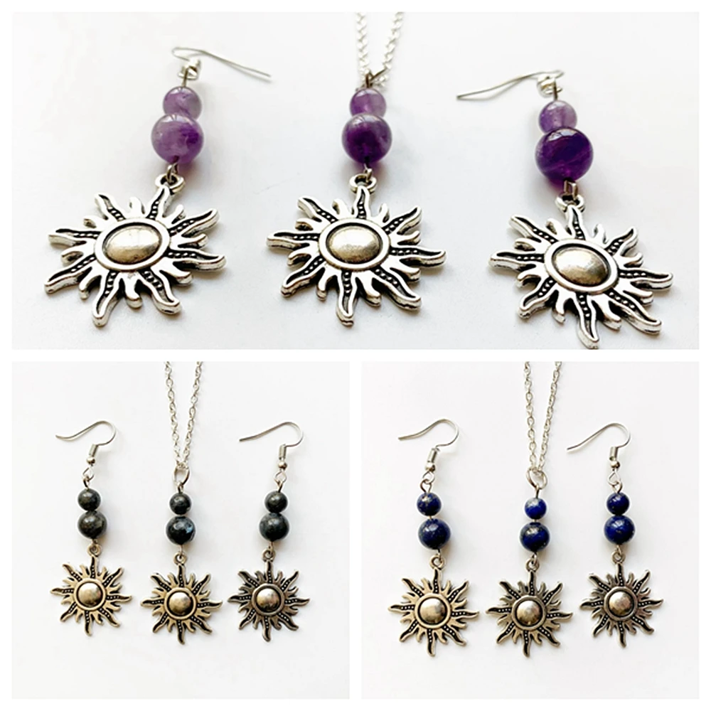 Sun Pendant Necklace Silver Chain Tassel Necklace Natural Stone Beads Necklace Earrings Set Jewelry Black Blue Purple 1 Set 
Sun Pendant Necklace Silver Chain Tassel Necklace Natural Stone Beads Necklace Earrings Set Jewelry Black Blue Purple 1 Set