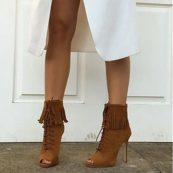 

Sexy Brown Fringe High Heel Ankle Boots Peep Toe Lace-up Cut-out Gladiator Heels Tassel Short Bootie For Women Dress Shoes