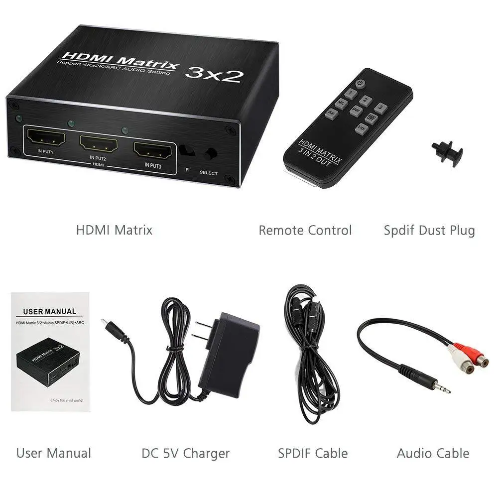4K HDMI Splitter 60Hz Ultra HD 3X2 Matrix Switcher Switch R/L+ARC 3 Ports Inputs 2 Port Outputs with IR Remote HDCP1.4
4K HDMI Splitter 60Hz Ultra HD 3X2 Matrix Switcher Switch R/L+ARC 3 Ports Inputs 2 Port Outputs with IR Remote HDCP1.4