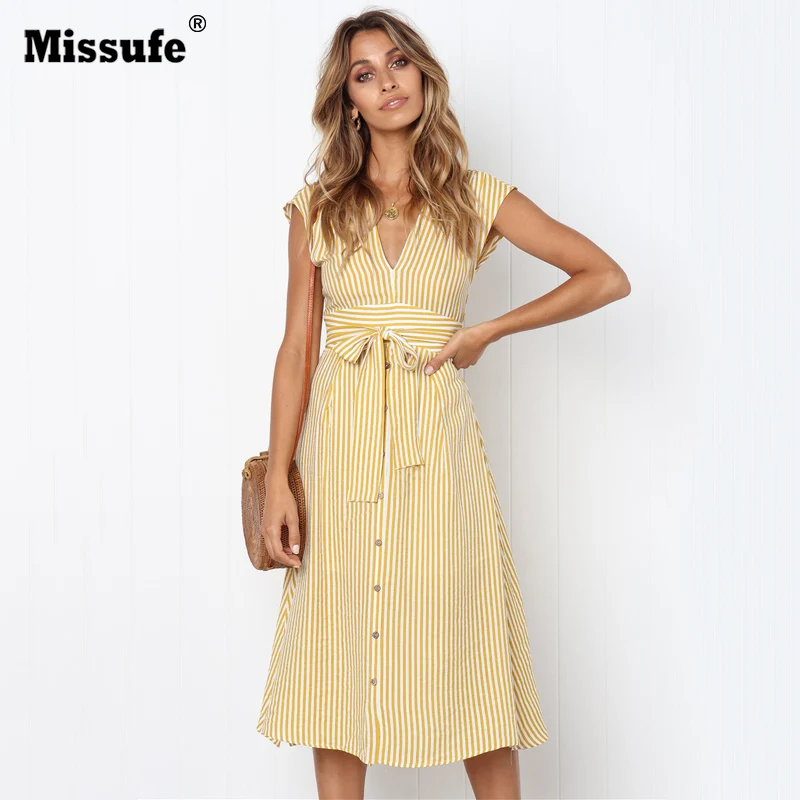 Missufe Bandage With Belt Striped Women's Dress Backless V Neck Summer Dress Button Vintage Vestidos Tunic Dresses Midi Robe
Missufe Bandage With Belt Striped Women's Dress Backless V Neck Summer Dress Button Vintage Vestidos Tunic Dresses Midi Robe