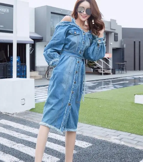 long sleeve denim wrap dress